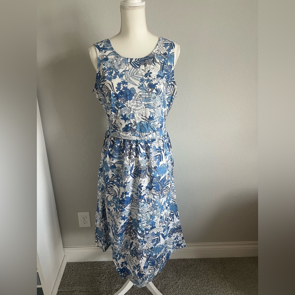Blue and White Floral Sleeveless Midi Sundress with open back for Wedding Guests